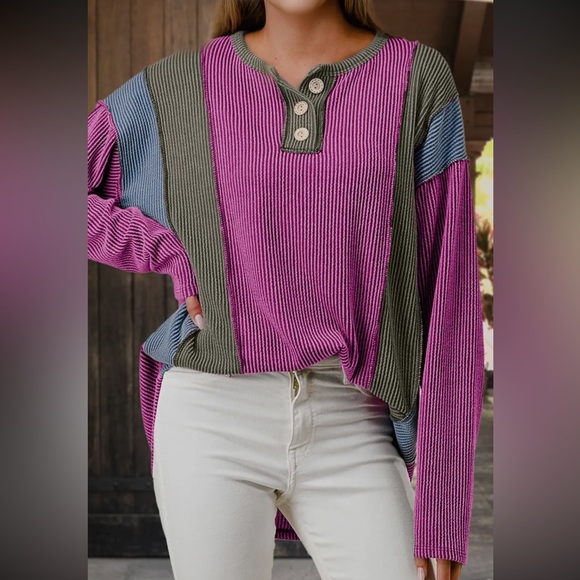 fuchsia navy textured bubble sleeve button bohemian tunic top shirt Henley - Picture 3 of 6